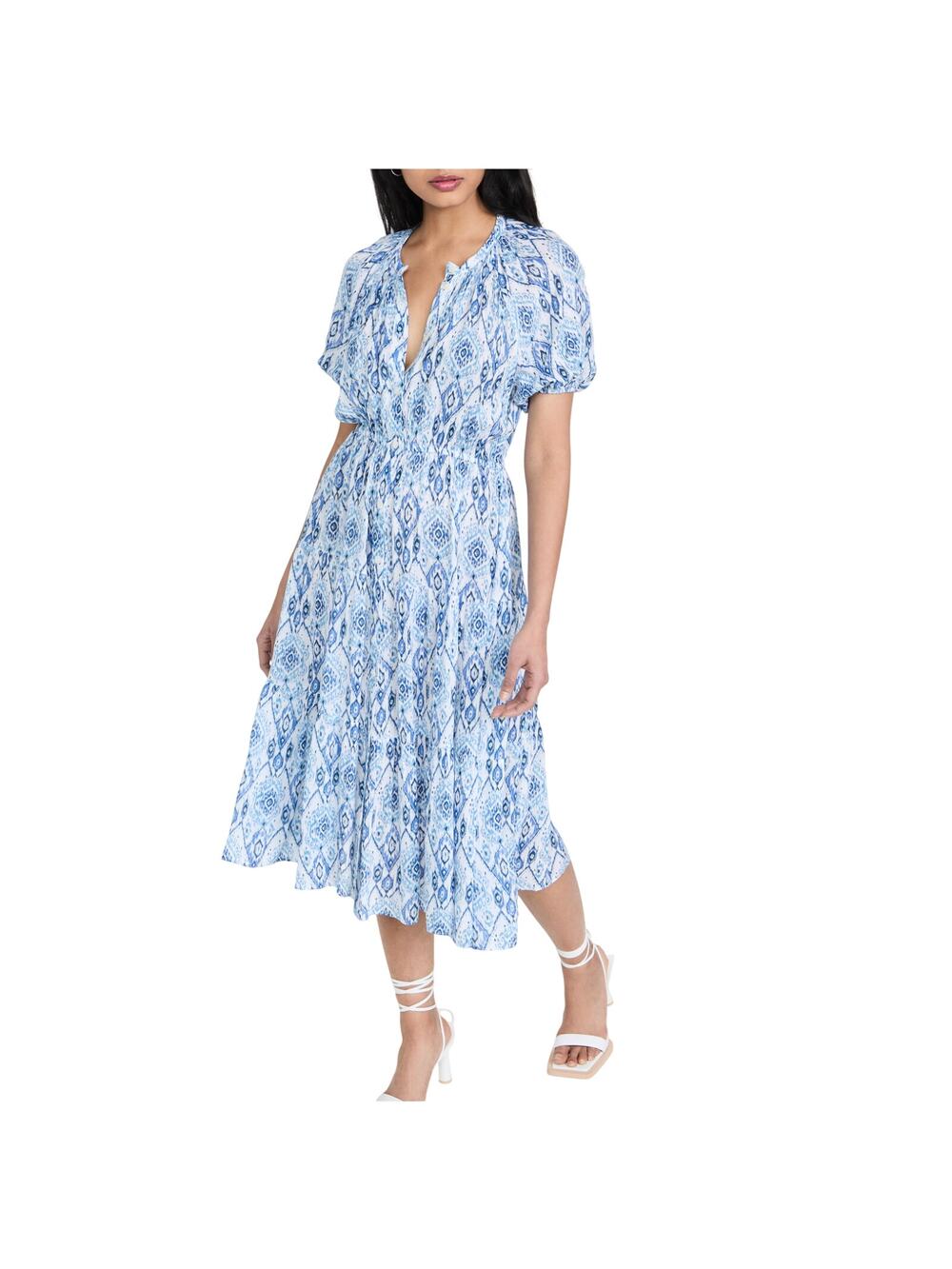 Playa Flowy Ikat Blue Print Lucila Dress Size XS